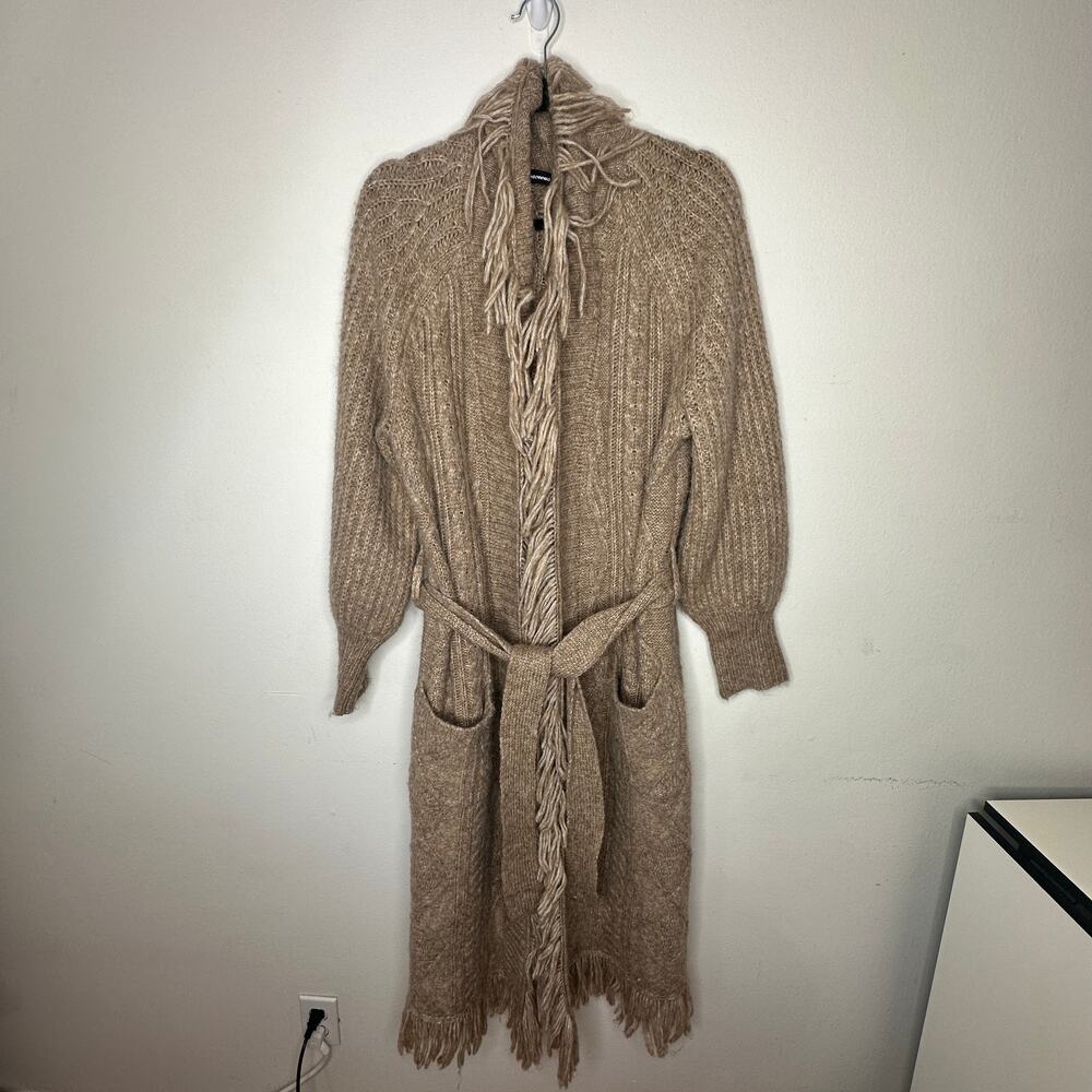 Olivaceous Tan Cream Cable Knit Fringe Trim Midi Cardigan L